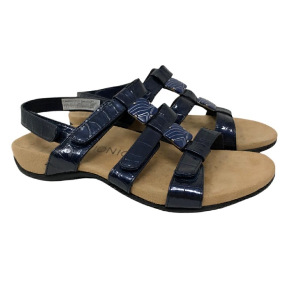Vionic Womens 44 Amber Strappy Sandals Blue Patent Slingback Hook & Loop US 6